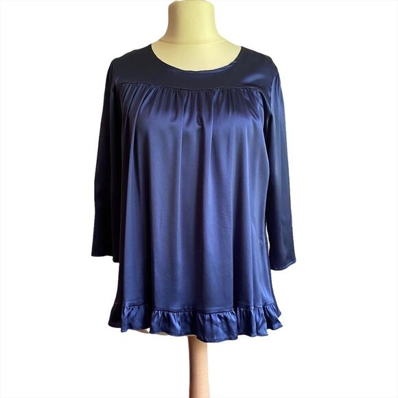 0165 Alisha Levine Royal Blue Satin Blouse with Ruffles Size L New - Picture 1 of 10